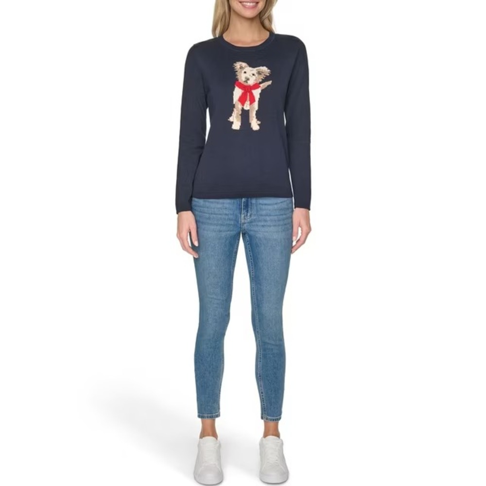 Nautica Womens Animal Dog Graphic Cotton Crewneck Sweater Navy Blue XL NWT